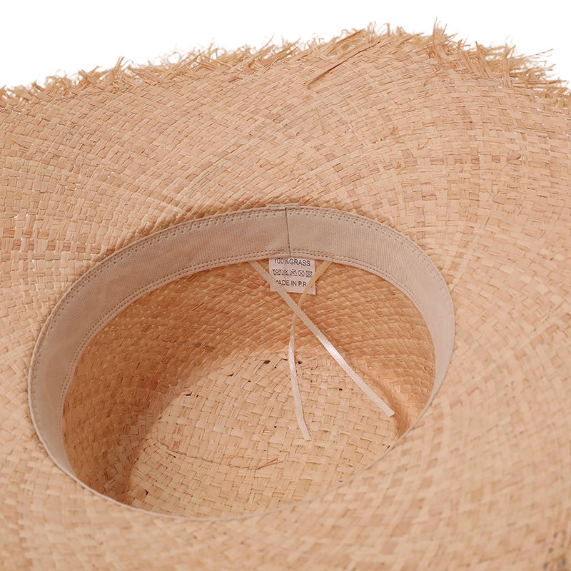 Frayed-Edge Raffia Wide-Brim Beach Hat