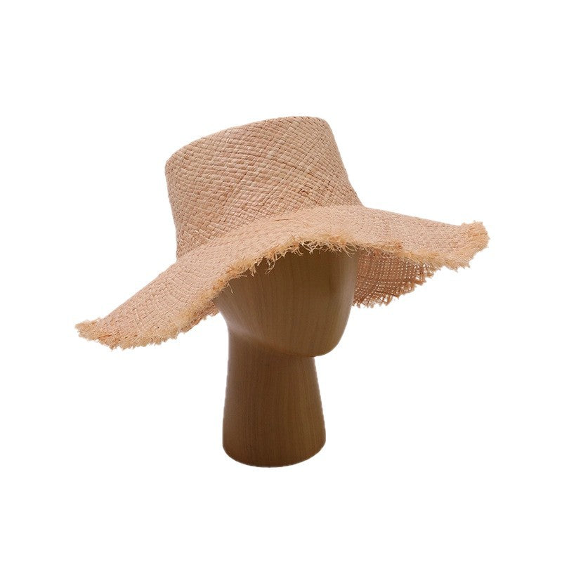 Frayed-Edge Raffia Wide-Brim Beach Hat