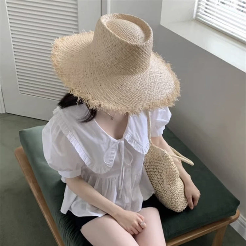 Frayed-Edge Raffia Wide-Brim Beach Hat