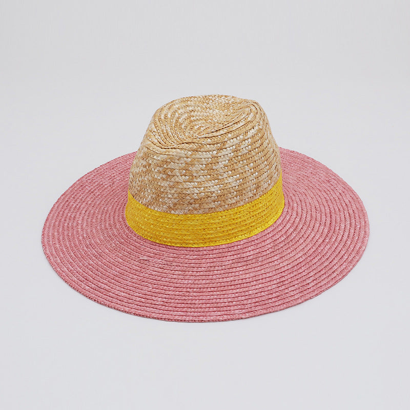 Two-Tone Wide-Brim Straw Sun Hat (Pink & Yellow)