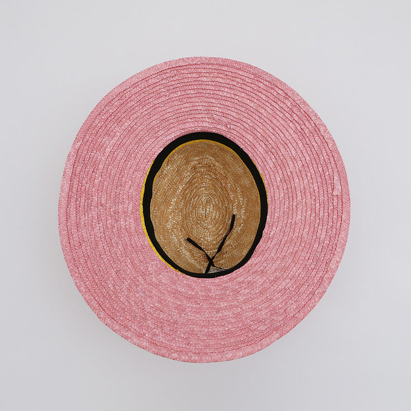 Two-Tone Wide-Brim Straw Sun Hat (Pink & Yellow)