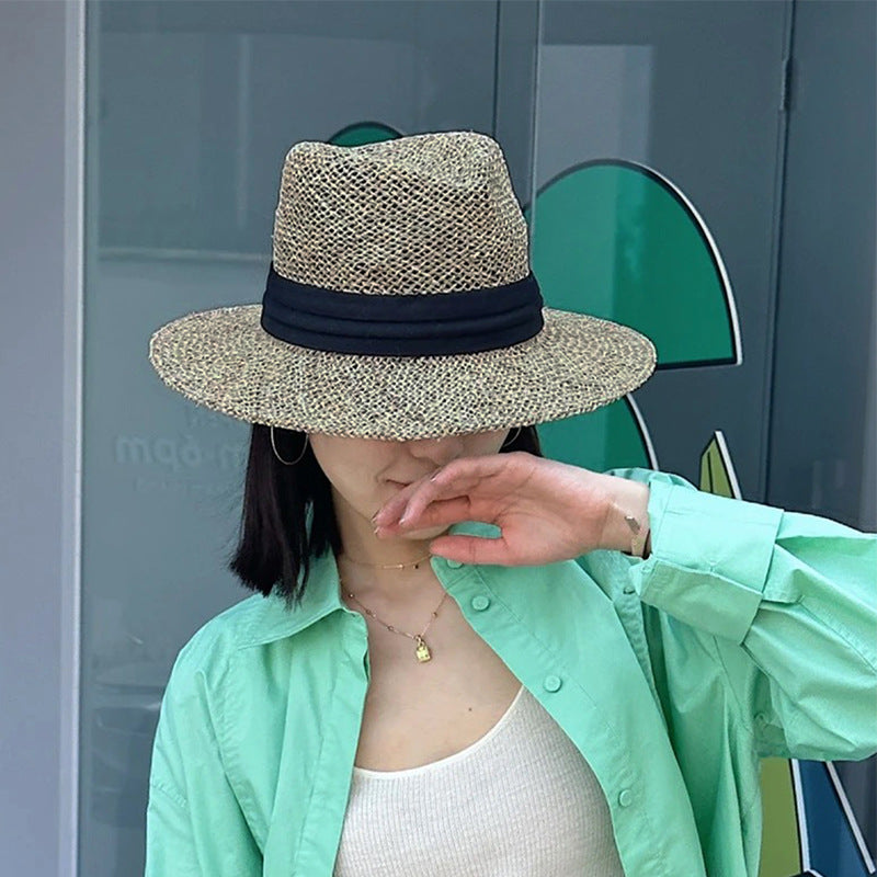 Grey-Brown Woven Panama Fedora with Black Band