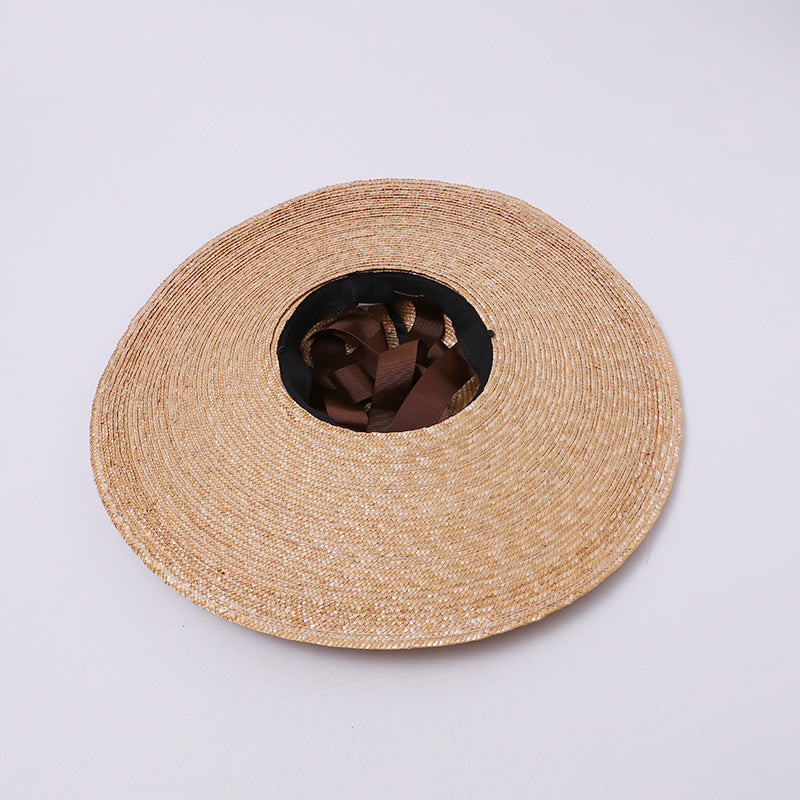 Vintage Wide-Brim Raffia Hat with Brown Ribbon