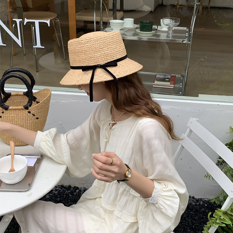 Raffia Bucket Hat with Black Ribbon Bow