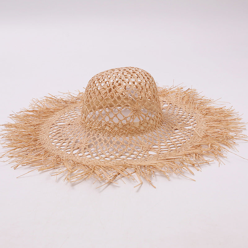 Tasseled Open-Weave Wide-Brim Straw Hat