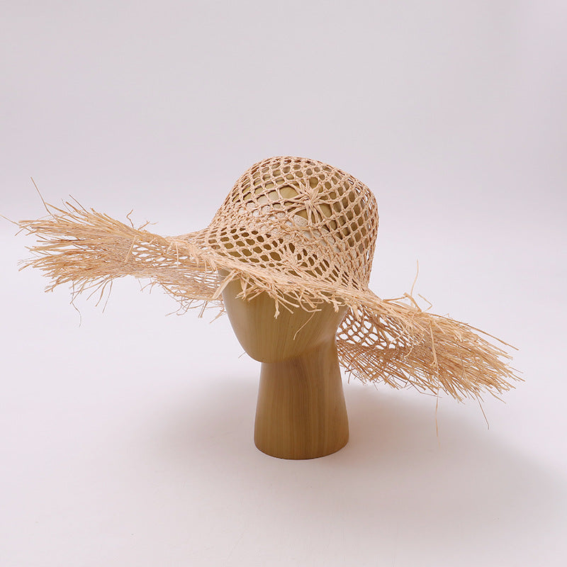 Tasseled Open-Weave Wide-Brim Straw Hat