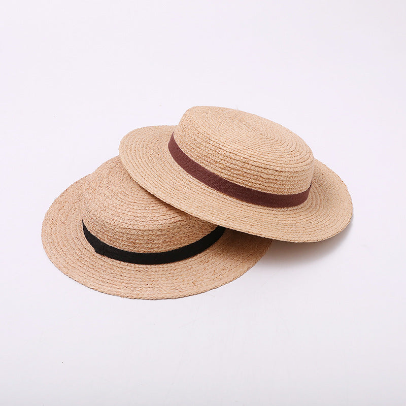 French Straw Boater Hat Two-Piece Set (Dual-Color Ribbons)