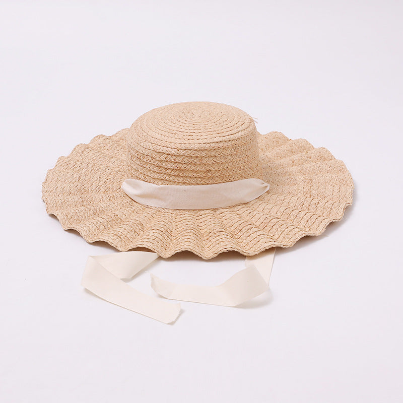 Wavy-Edge Wide-Brim Straw Hat with Streamer