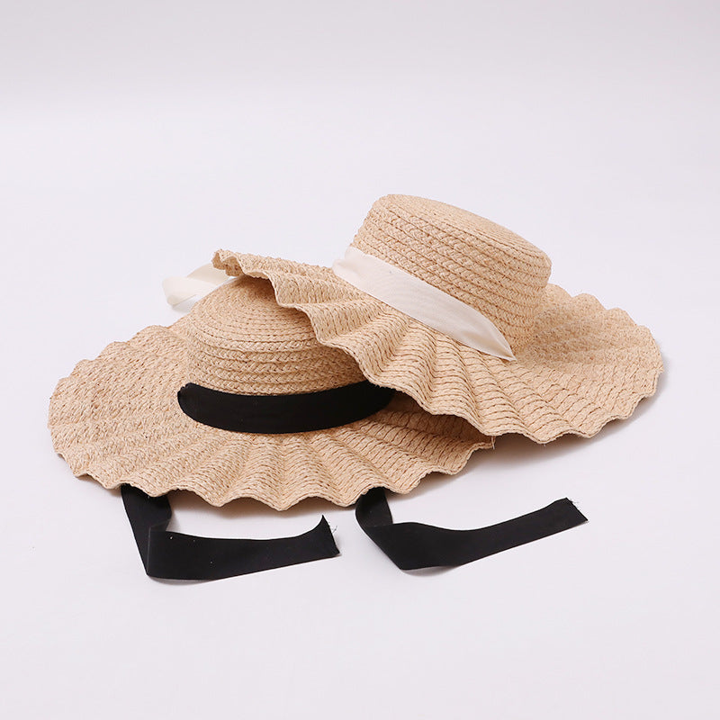 Wavy-Edge Wide-Brim Straw Hat with Streamer