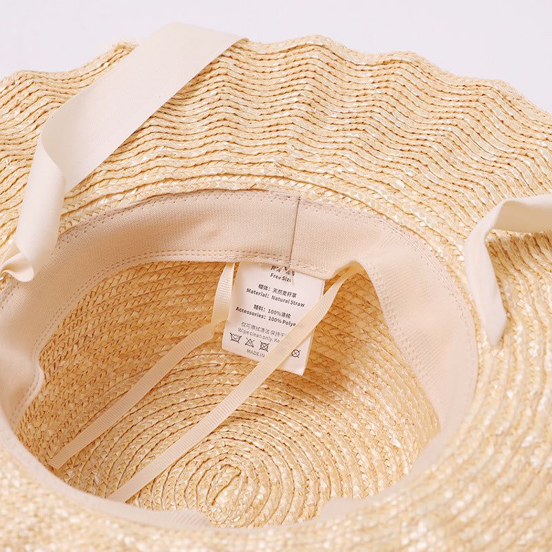 Wavy-Edge Wide-Brim Straw Hat with Streamer