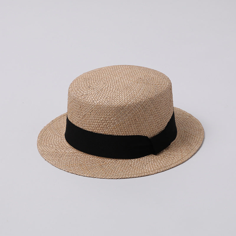 French Panama Flat-Top Straw Hat with Black Ribbon