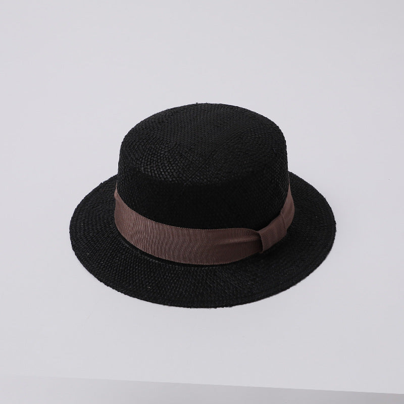 French Panama Flat-Top Straw Hat with Black Ribbon