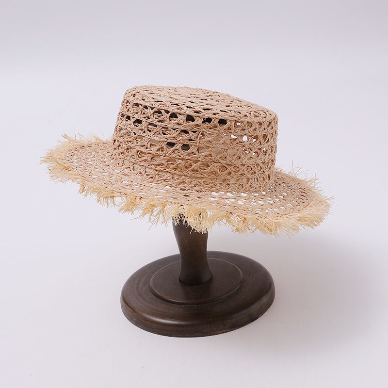 Open-Weave Frayed-Edge Flat-Top Straw Hat