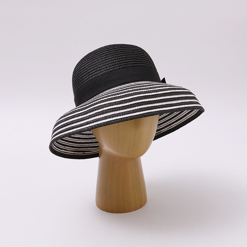 Black & White Striped Straw Bucket Hat with Bow