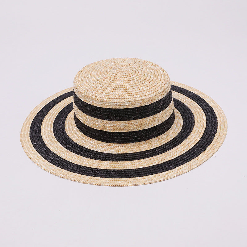 Black & White Striped Wide-Brim Flat-Top Straw Hat