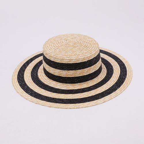 Black & White Striped Wide-Brim Flat-Top Straw Hat