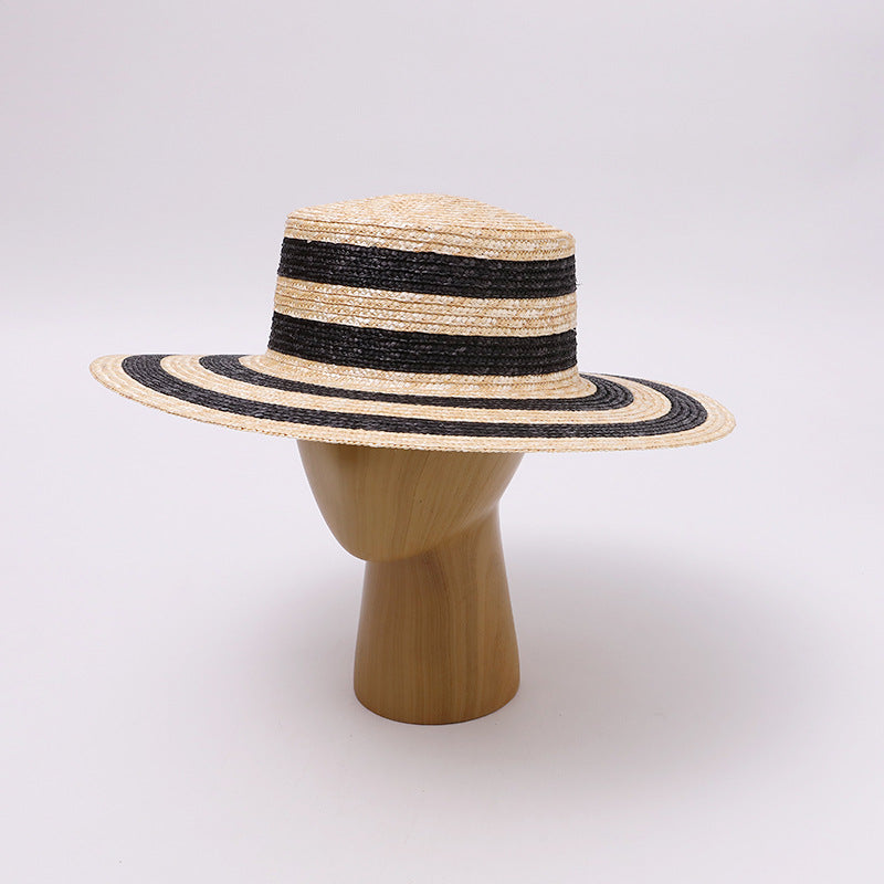 Black & White Striped Wide-Brim Flat-Top Straw Hat