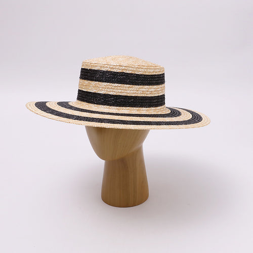 Black & White Striped Wide-Brim Flat-Top Straw Hat