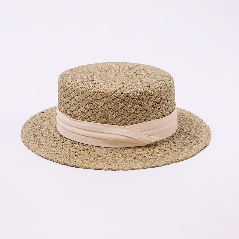 Straw Boater Hat with Beige Ribbon