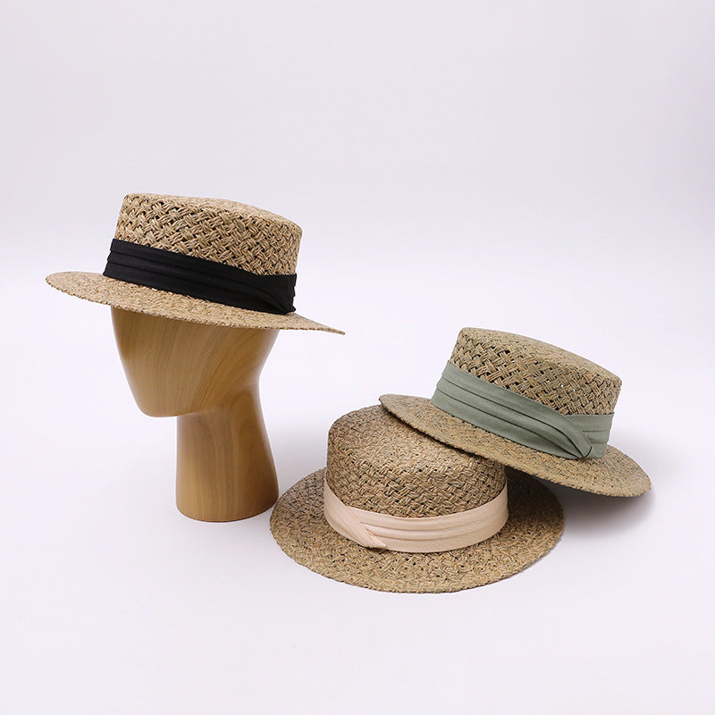 Straw Boater Hat with Beige Ribbon