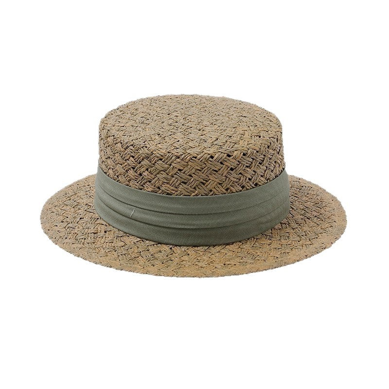 Straw Boater Hat with Beige Ribbon