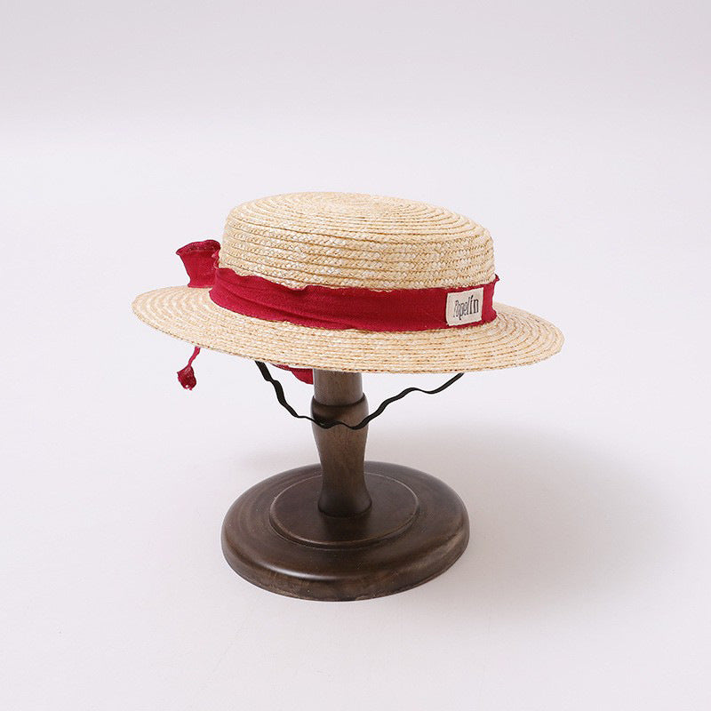 Straw Boater Hat with Red Ribbon Bow