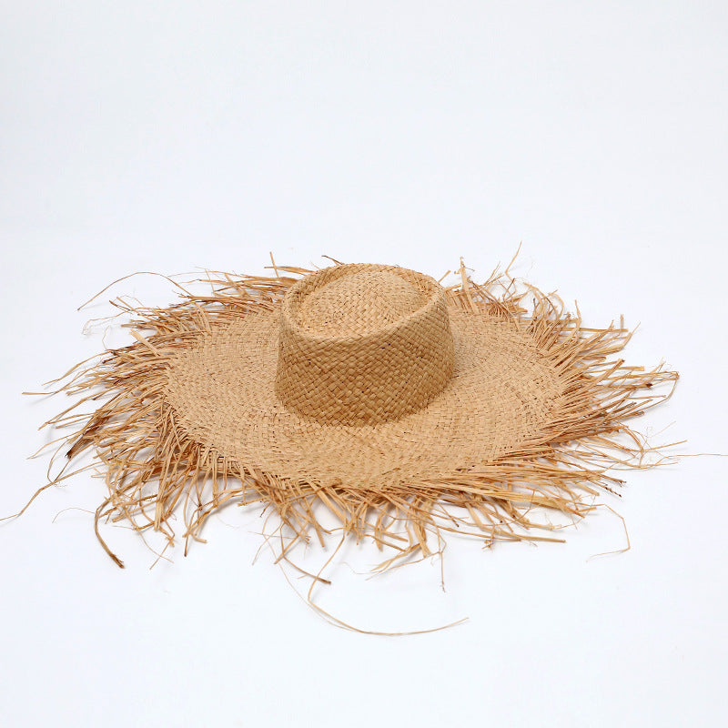 Tasseled Frayed Raffia Wide-Brim Hat