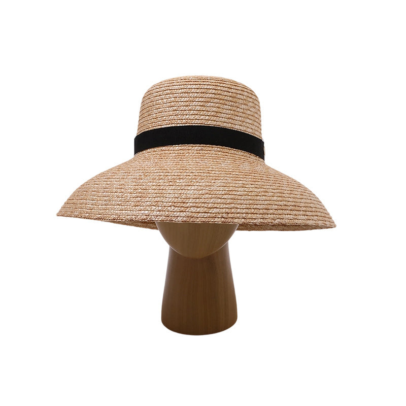 Straw Bucket Hat with Black Band and Metal Badge