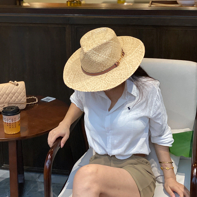 Panama Fedora Straw Hat with Leather Chain Band