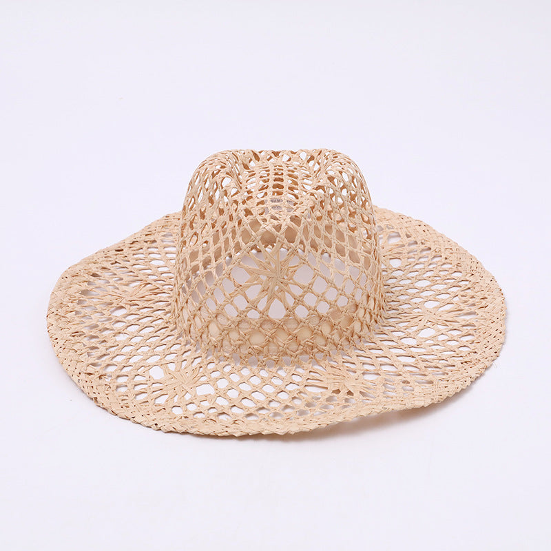 Open-Crochet Wide-Brim Fedora Straw Hat