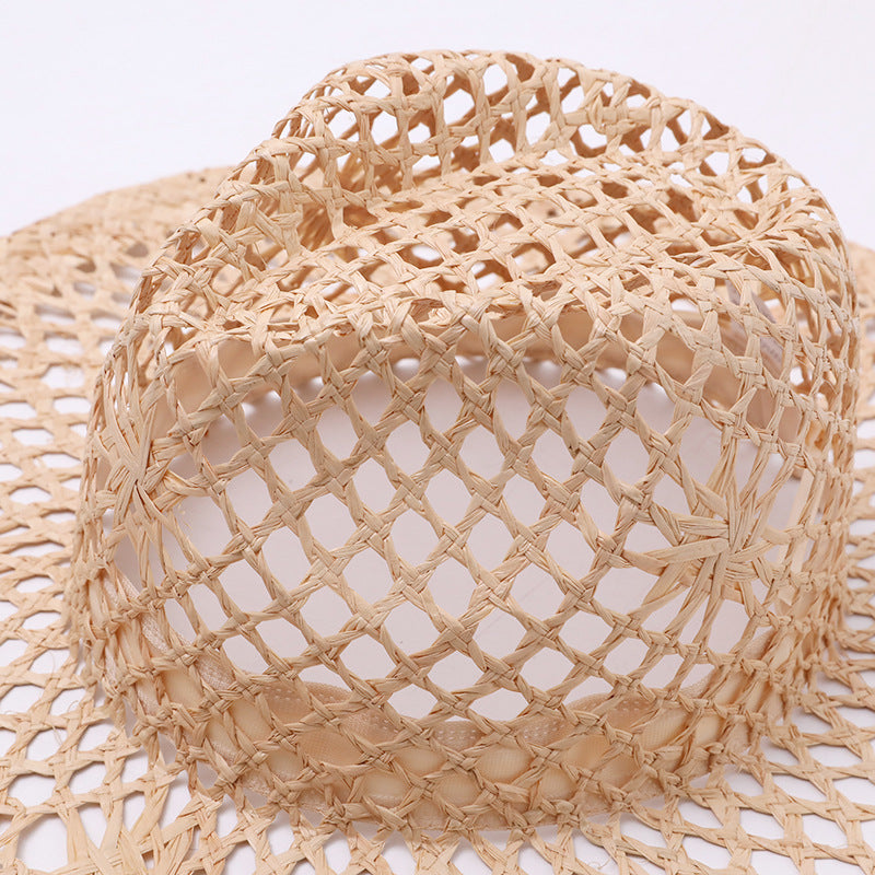 Open-Crochet Wide-Brim Fedora Straw Hat