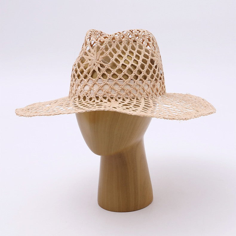 Open-Crochet Wide-Brim Fedora Straw Hat