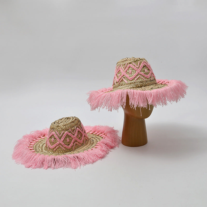 Pink Tassel Embroidered Straw Hat