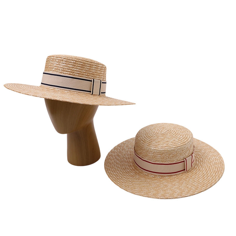 French Straw Boater Hat Two-Piece Set (Striped Ribbons)
