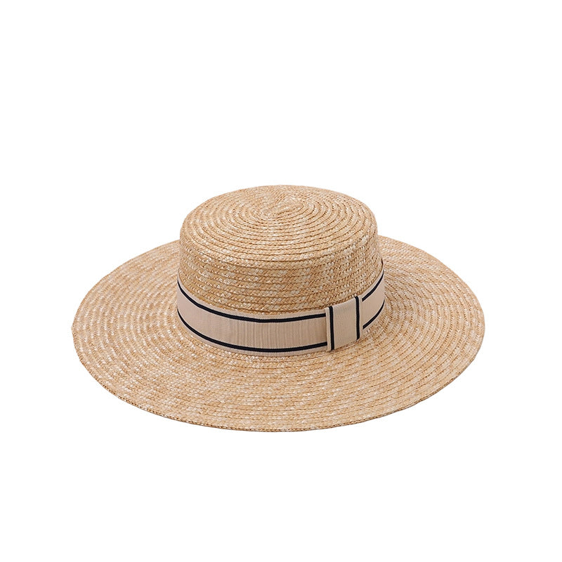 French Straw Boater Hat Two-Piece Set (Striped Ribbons)