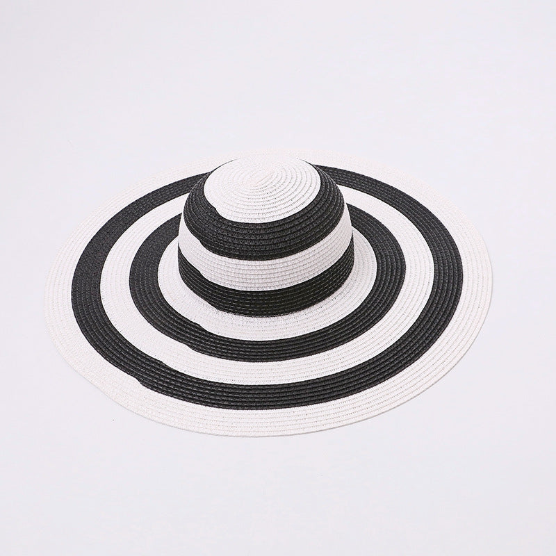 Black & White Striped Wide-Brim Sun Hat