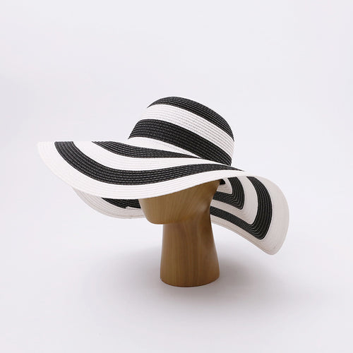 Black & White Striped Wide-Brim Sun Hat